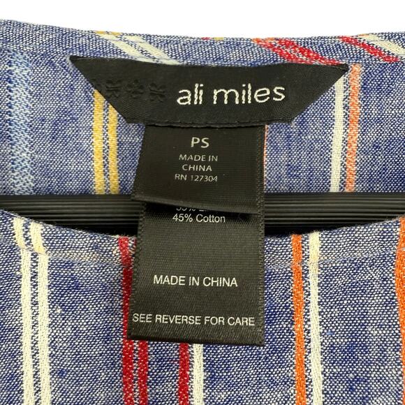 Ali Miles LINEN BLEND Sz PS Petite Small Blue Wearable Art Blouse Shirt Top - Picture 2 of 9